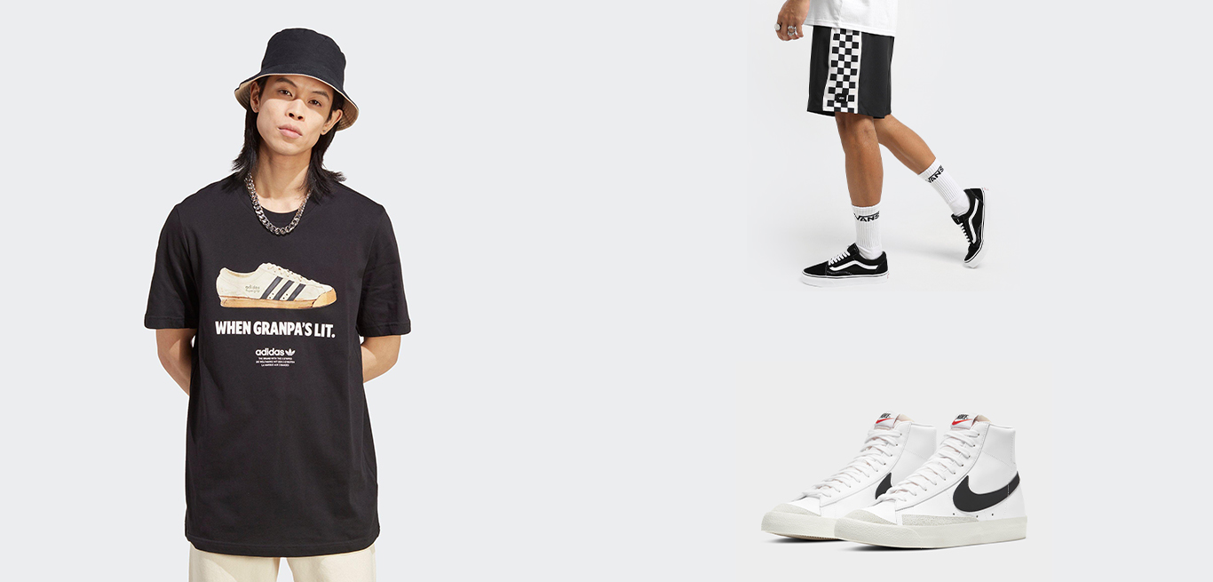 Shop Men's Sale: adidas Originals New Age T-shirt paired with Vans Sidelines Boardshorts and Nike Blazer Mid '77 QS.